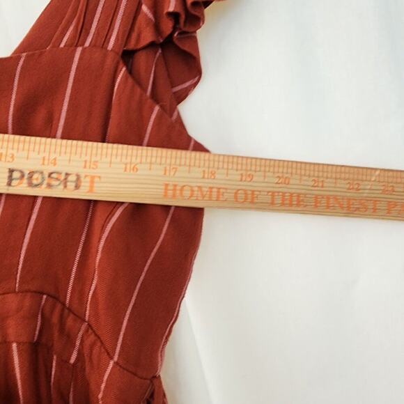 Three Floor Margaux Burgundy Rust Striped Sleeveless Ruffle Belted Jumpsuit Sz 8 - Picture 5 of 12